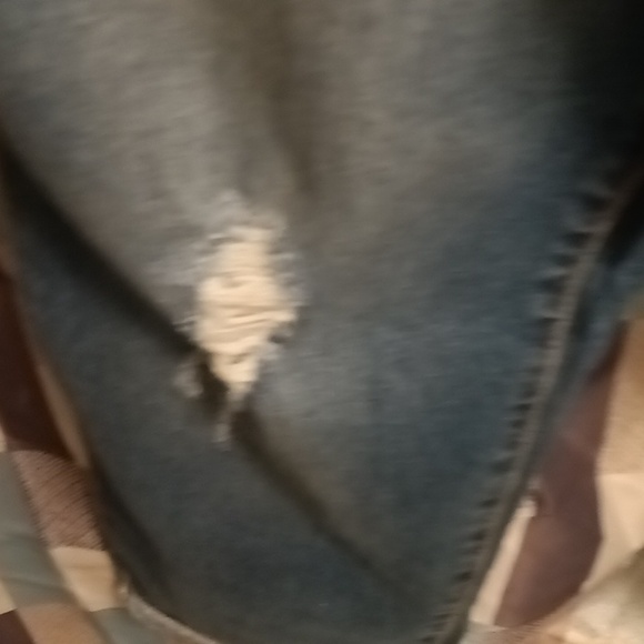 FINAL PRICE INDIGO BLUE cotton blue denim distressed overalls w elastic sides - Picture 10 of 16